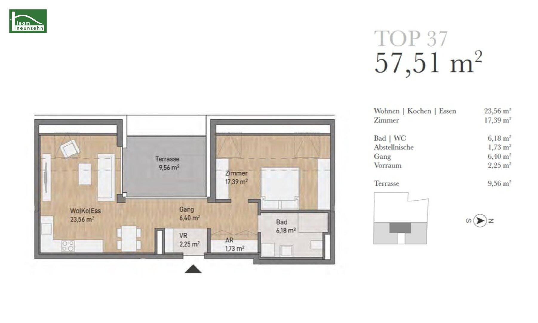Grundriss der Wohnung TOP 37 mit 57,51 m² Wohnfläche, Terrasse und offenem Wohnbereich.