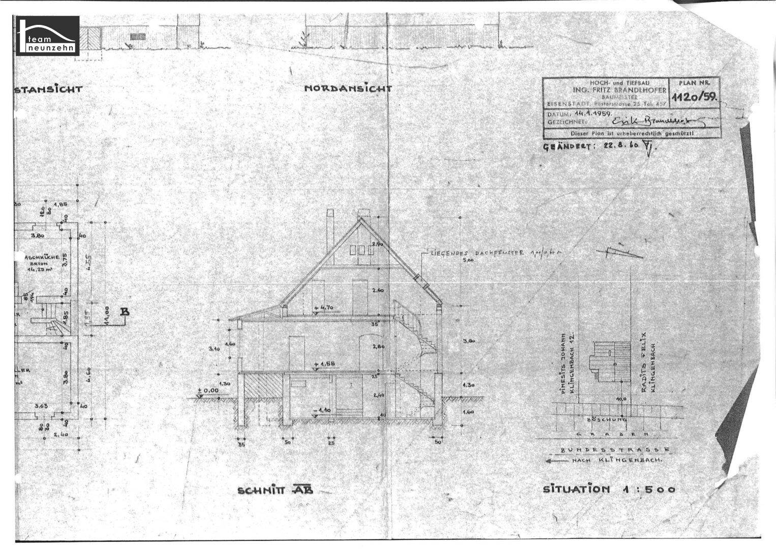 Architektonische Zeichnung mit Schnittansicht und Ansichten des Gebäudes.