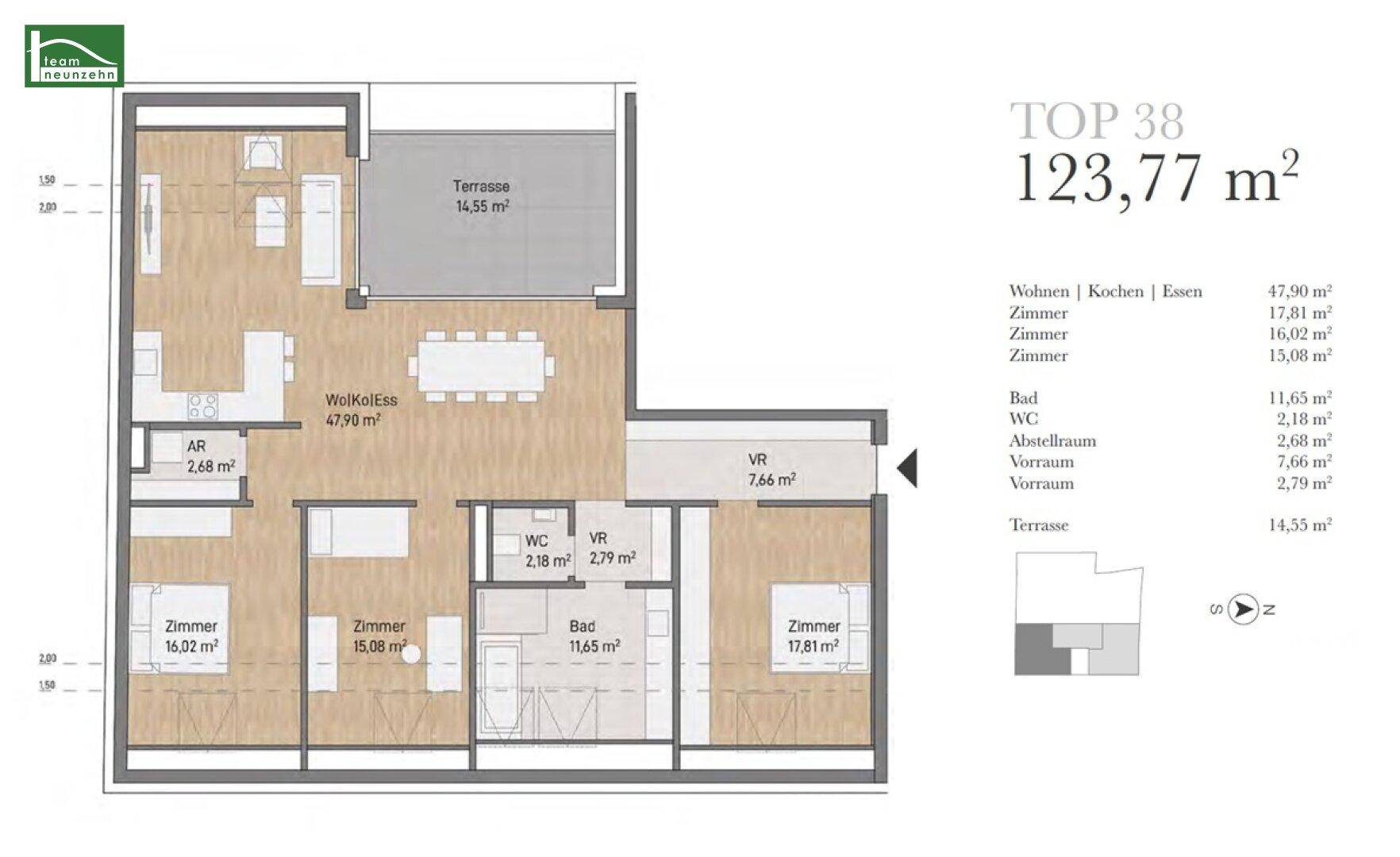 Detaillierter Grundriss der Wohnung TOP 38 mit 123,77 m² und großer Terrasse.