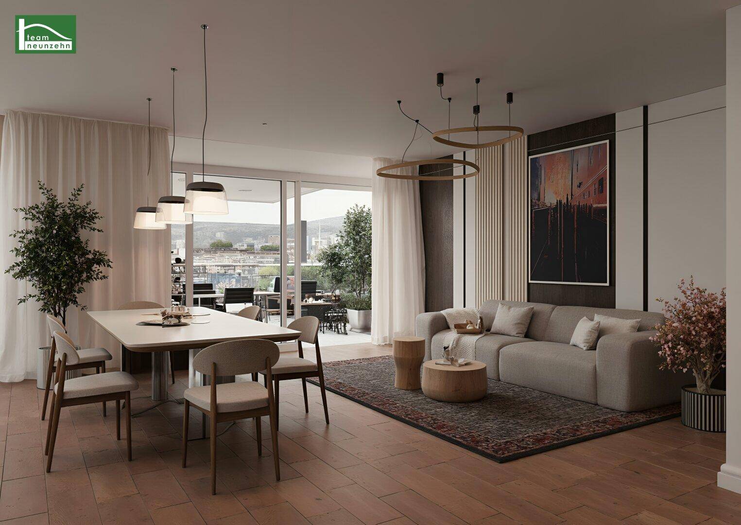 Geräumiger Wohn-Essbereich mit modernem Sofa, Esstisch und direktem Zugang zur Außenterrasse.
