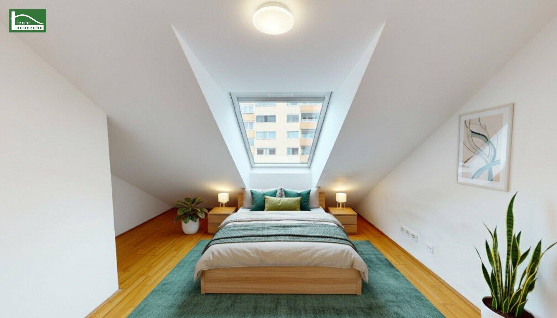 Gemütliches Schlafzimmer im Dachgeschoss mit schrägen Wänden, Holzboden und Dachfenster.