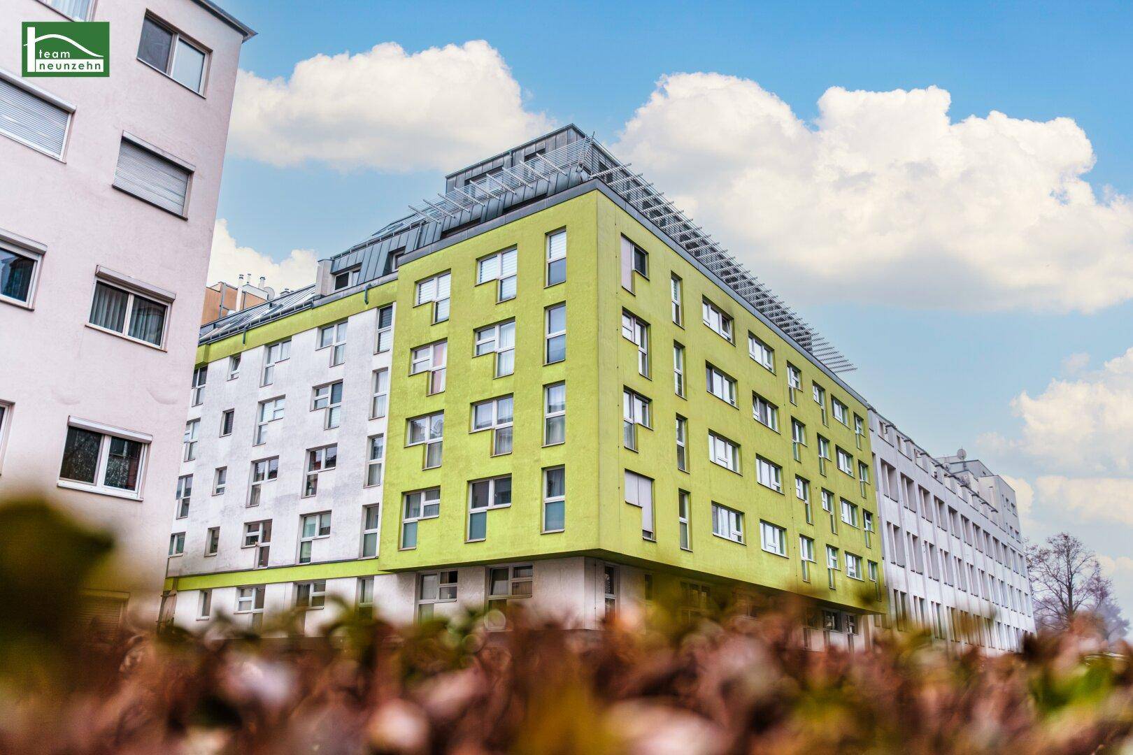 Moderne Wohngebäude-Fassade mit auffälliger grüner Farbgebung unter blauem Himmel.