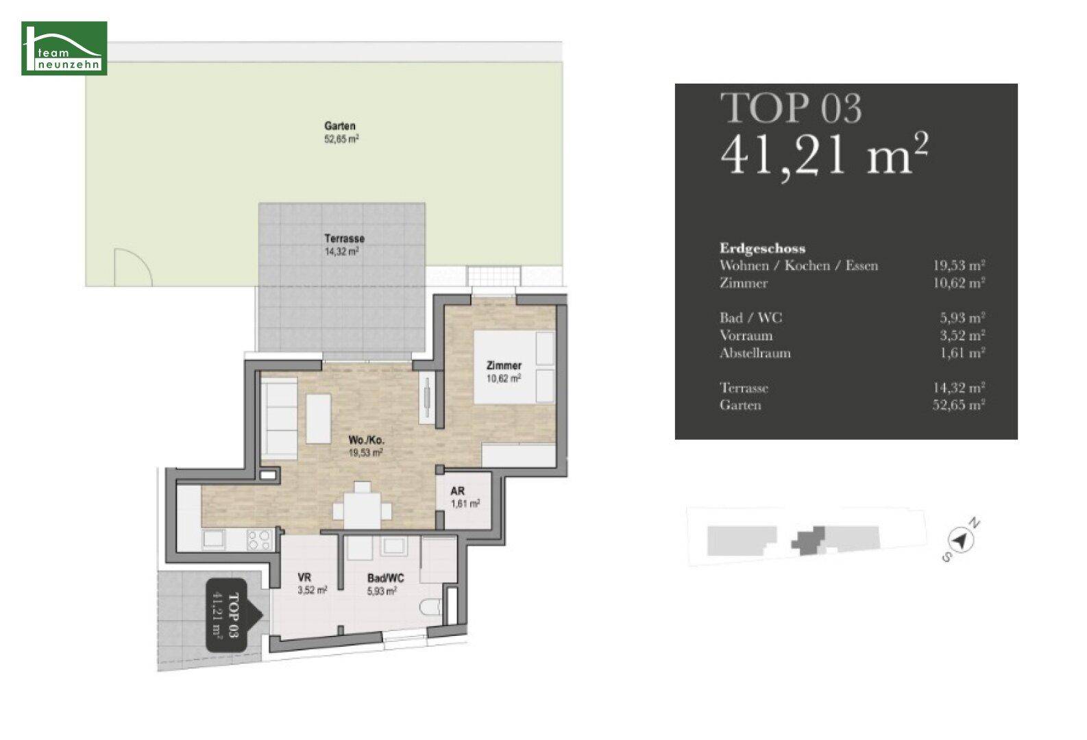 Grundriss der Erdgeschosswohnung TOP 03 mit Garten, Terrasse und offenem Wohnbereich.