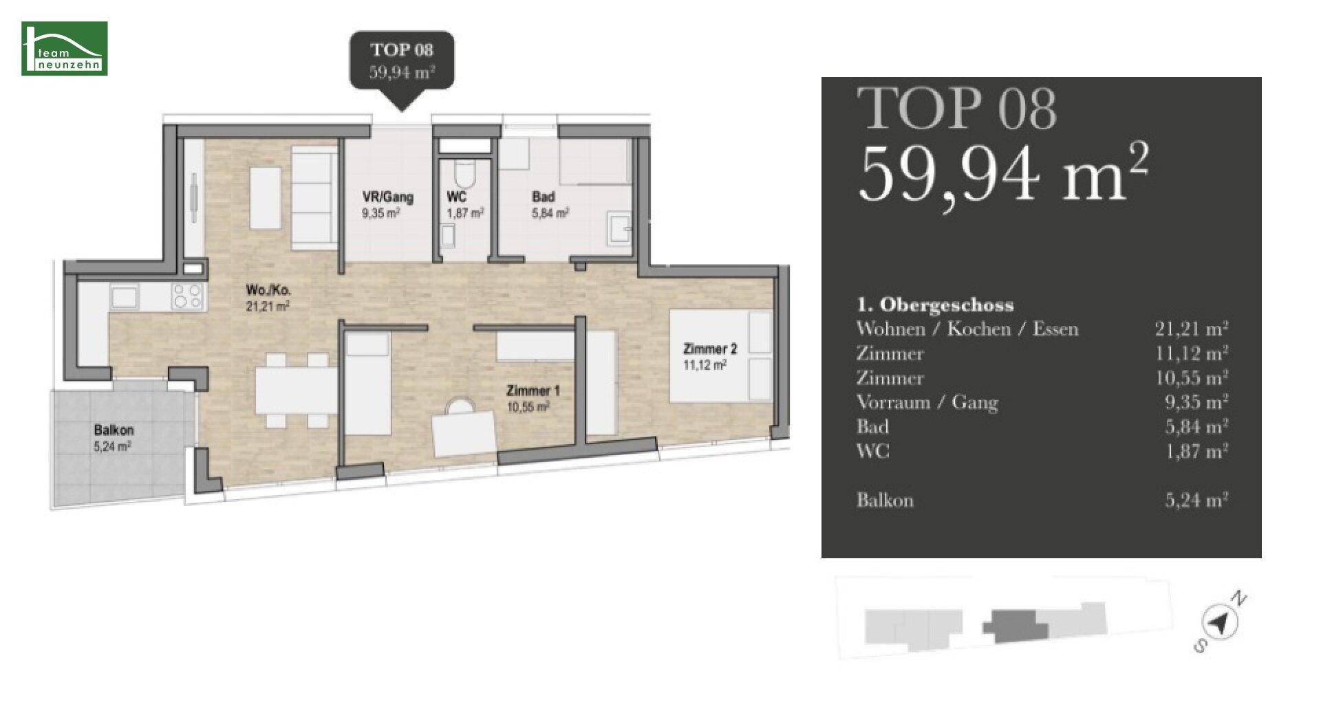 Grundriss der Wohnung TOP 08 mit 59,94 m² Wohnfläche und Balkon.