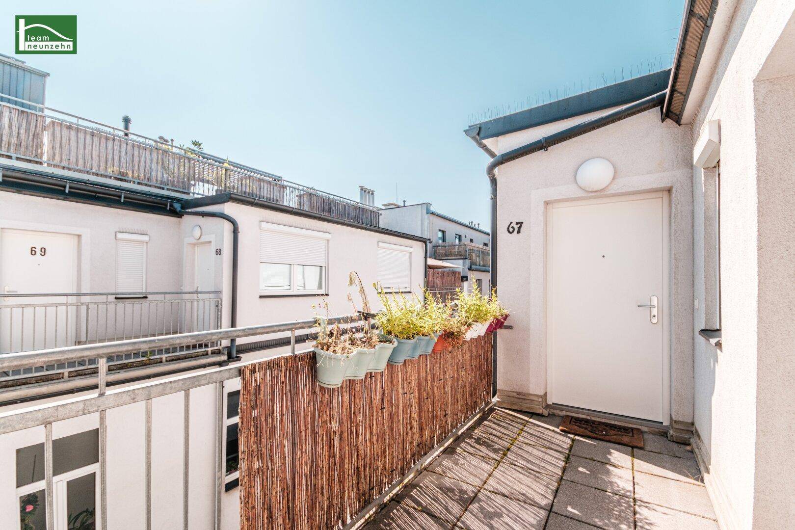 Sonnenverwöhnter Balkon mit Pflanzen und Blick auf die umliegenden Gebäude, ideal zum Entspannen.