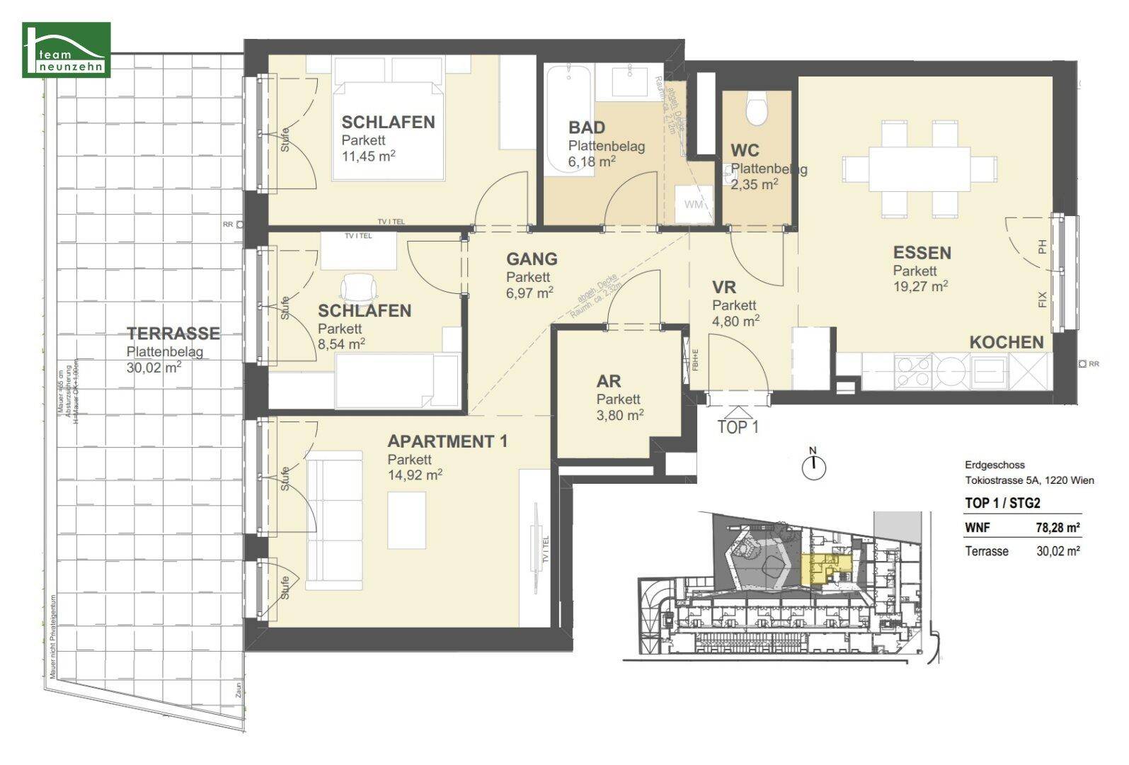 Grundriss einer Wohnung mit drei Schlafzimmern, offenem Wohnbereich und großer Terrasse.