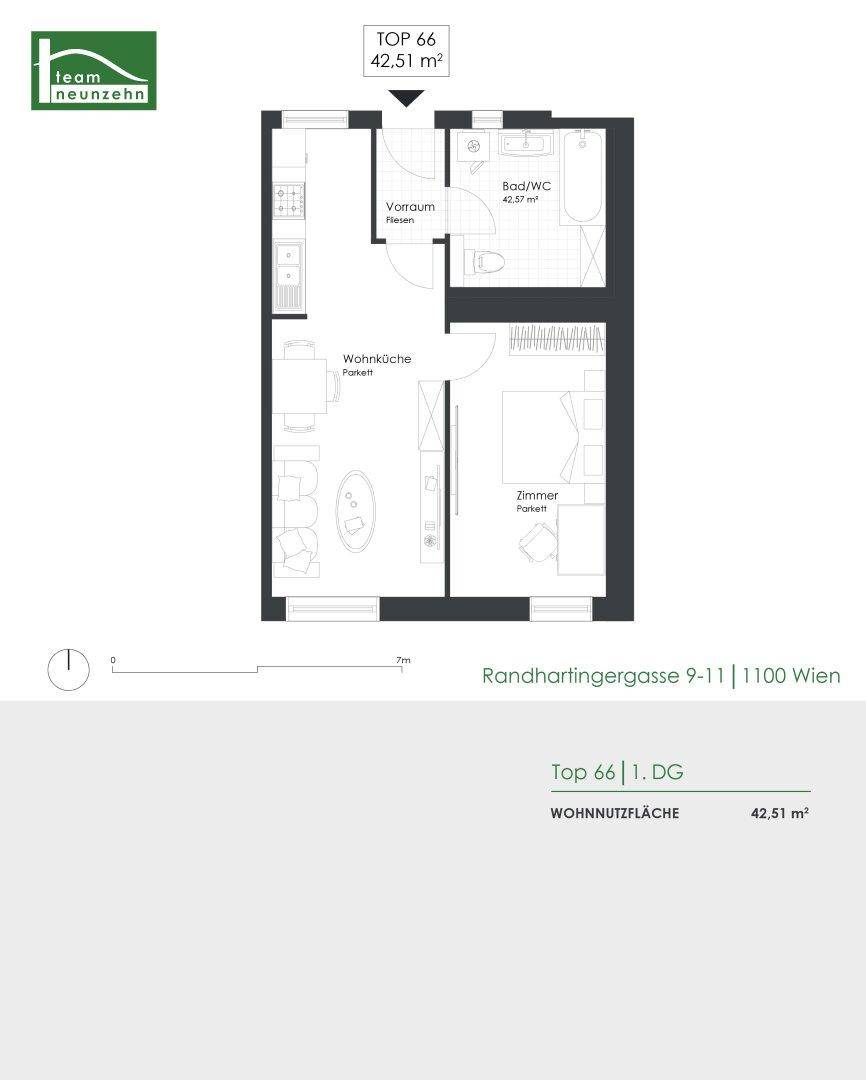 Grundriss einer kompakten Wohnung mit offener Wohnküche, einem Schlafzimmer und einem Badezimmer.