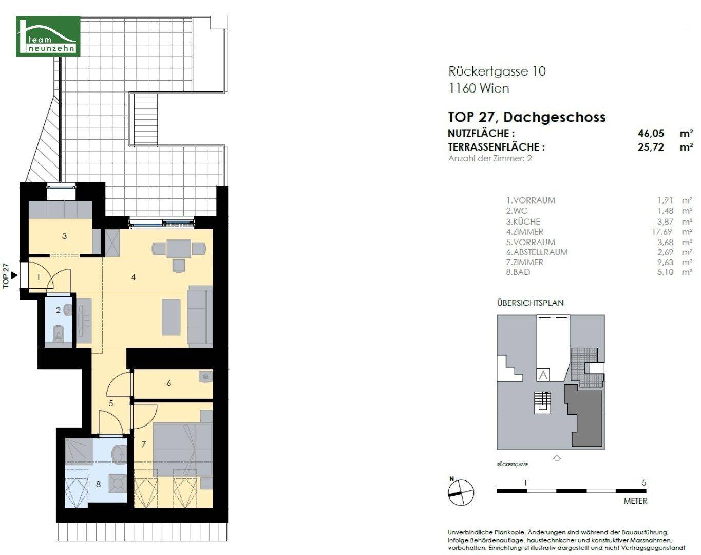 Grundriss des Dachgeschosses TOP 27 mit offener Wohnküche, einem Schlafzimmer und großer Terrasse.