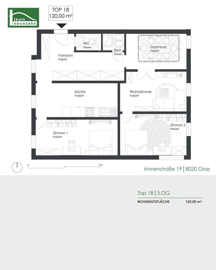 Dieser Grundriss zeigt eine 120 m² große Wohnung mit separater Küche, Wohn- und Esszimmer, zwei Schlafzimmern, Bad und Gäste-WC.