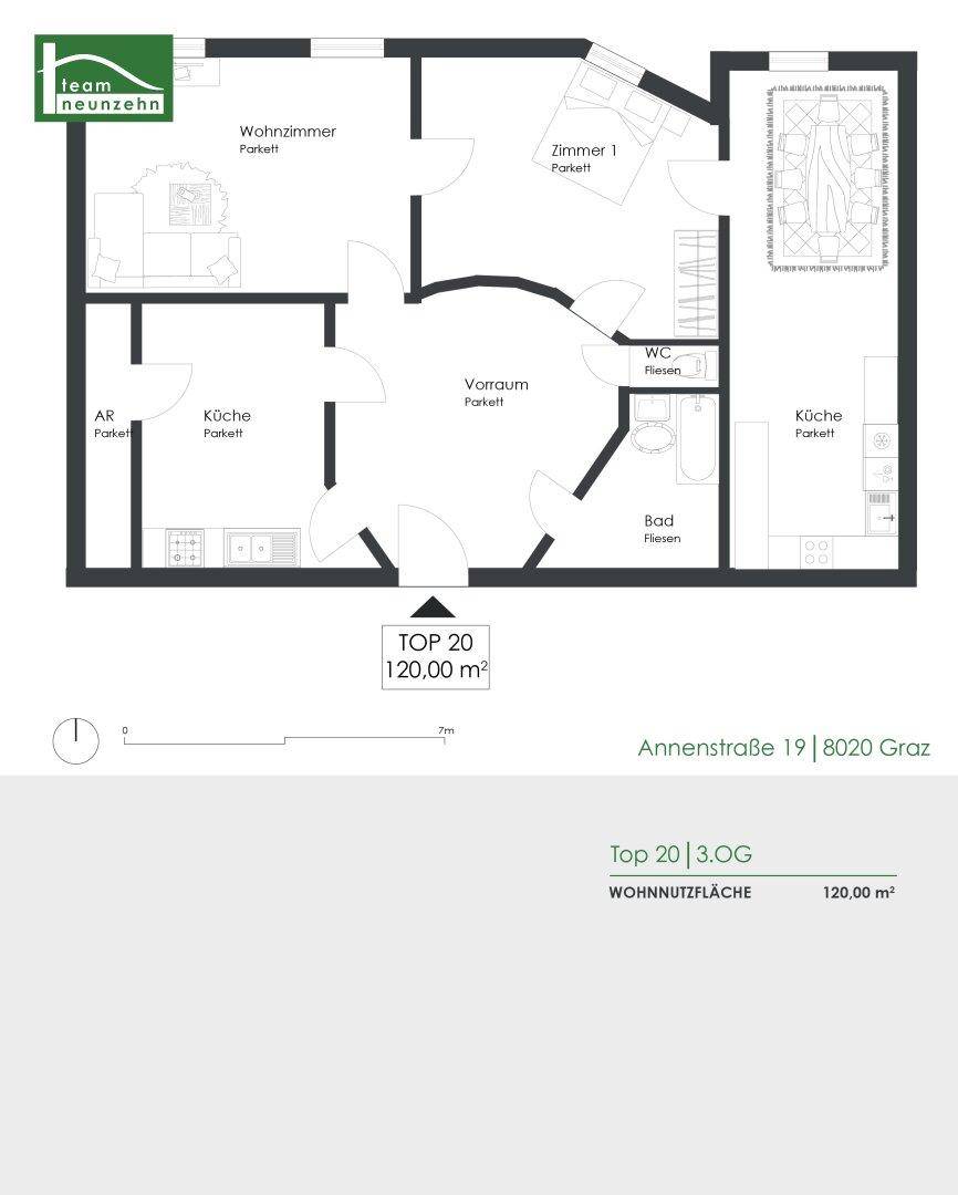 Grundriss der Wohnung TOP 20 mit Wohnzimmer, Küche, Schlafzimmer, Bad und separatem WC.