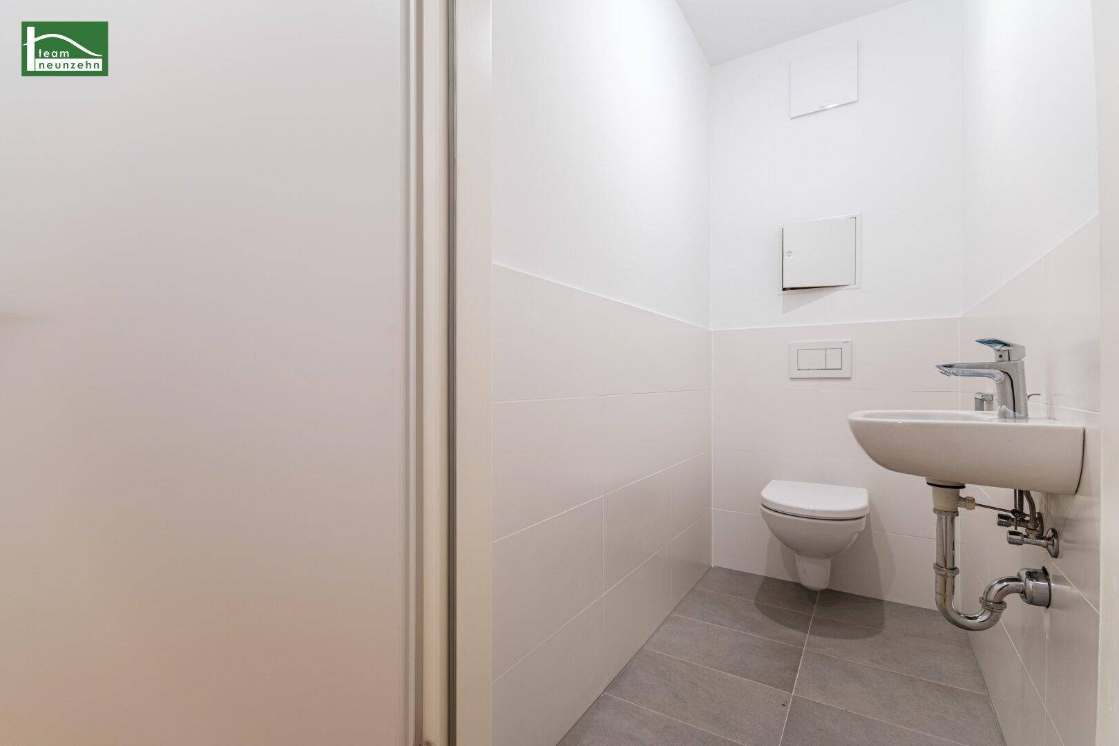 Modernes Gäste-WC mit wandhängender Toilette, kleinem Waschbecken und grauen Fliesen.