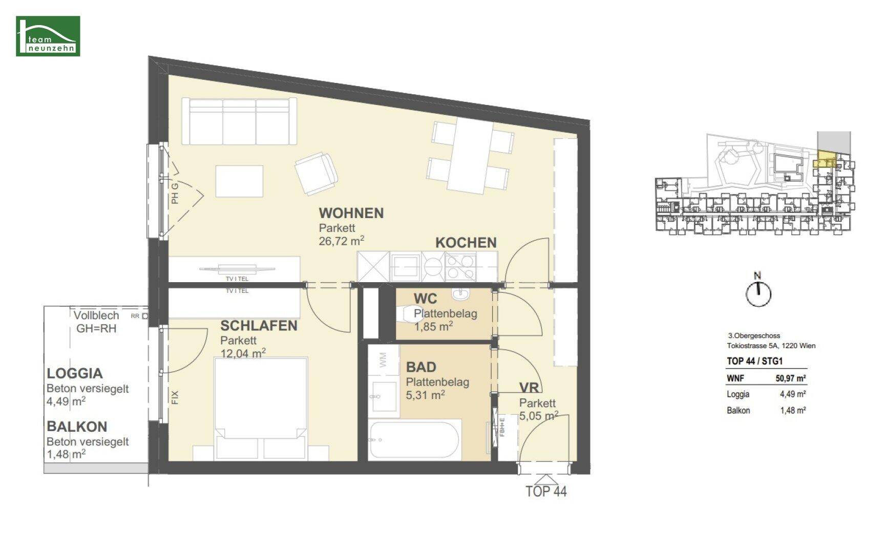 Grundriss einer Wohnung mit Wohnzimmer, Küche, Schlafzimmer, Bad, WC, Loggia und Balkon.