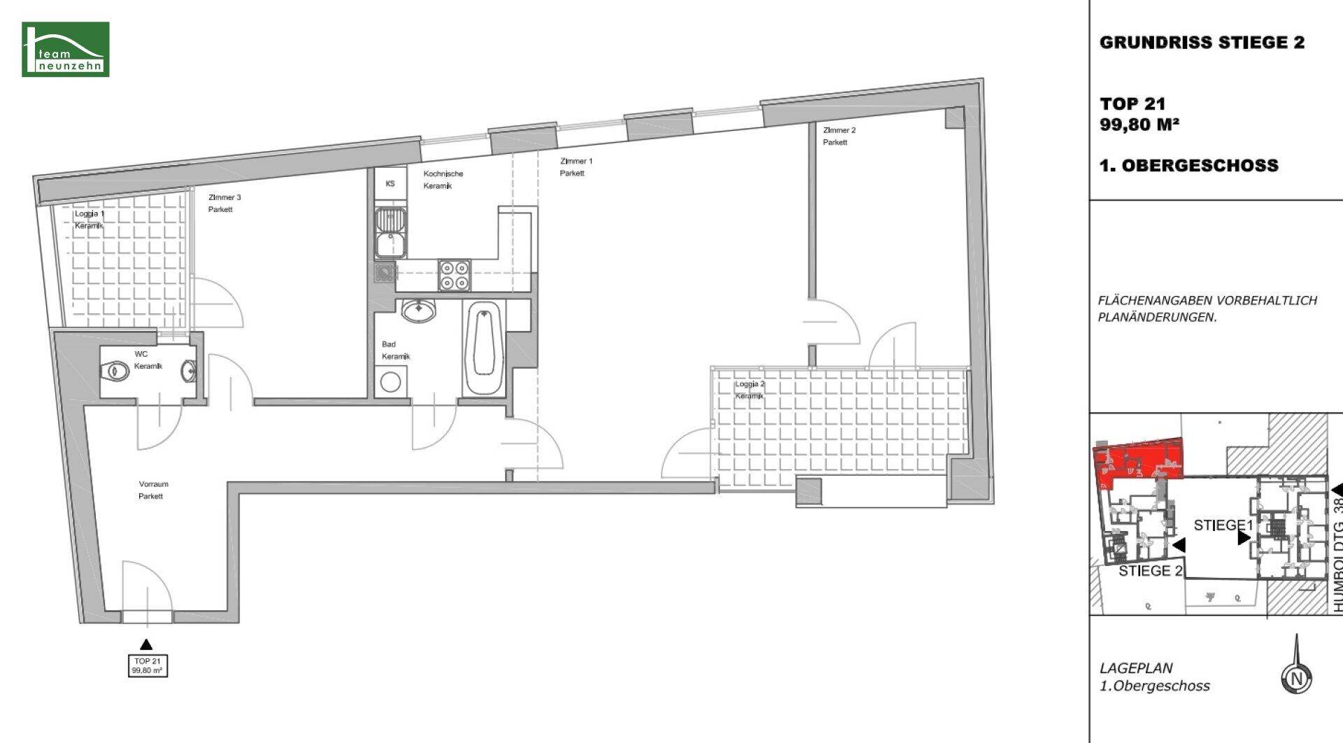 Grundriss der Wohnung Top 21 im 1. Obergeschoss mit 99,80 m² Wohnfläche.