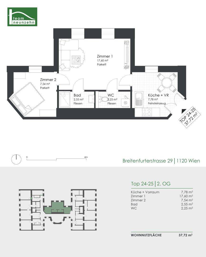 Grundriss einer Wohnung mit zwei Zimmern, Bad, WC und Küche, Gesamtfläche 37,72 m².