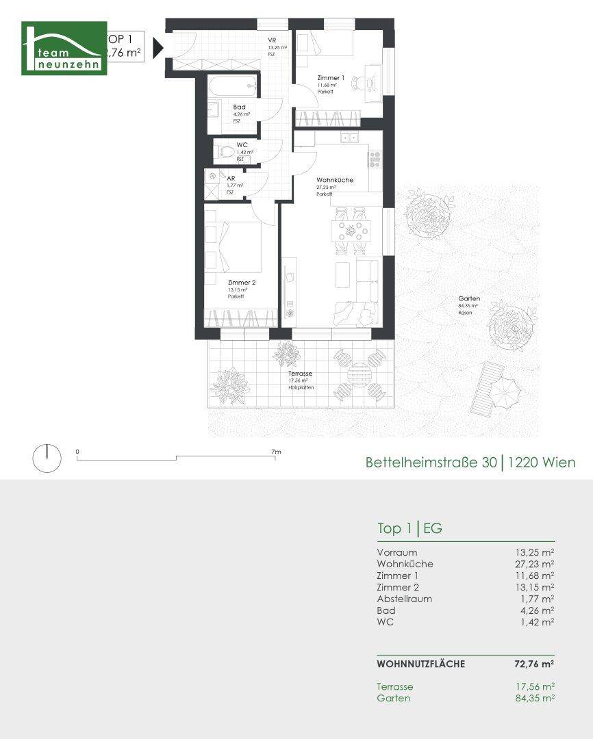 Detaillierter Grundriss der Wohnung mit Raumaufteilung und Flächenangaben.