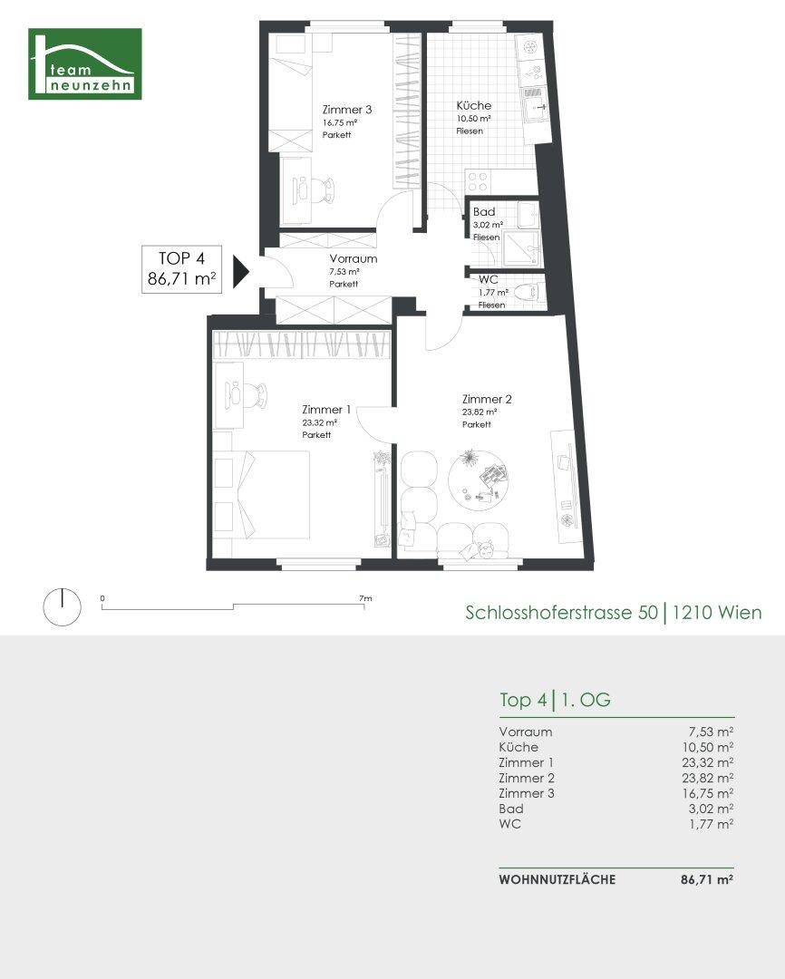 Grundriss einer Wohnung mit drei Zimmern, separater Küche, Bad und Gäste-WC.
