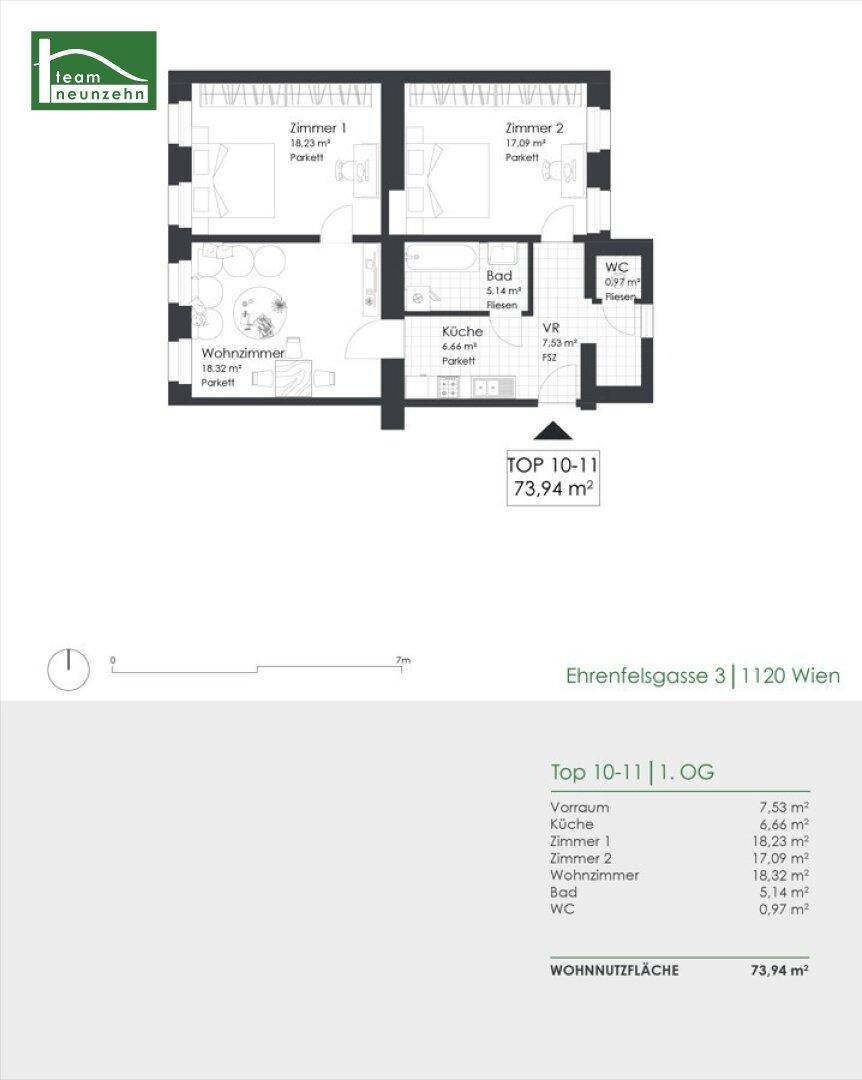 Grundriss der Wohnung TOP 10-11 mit 73,94 m² Wohnfläche und drei Zimmern.