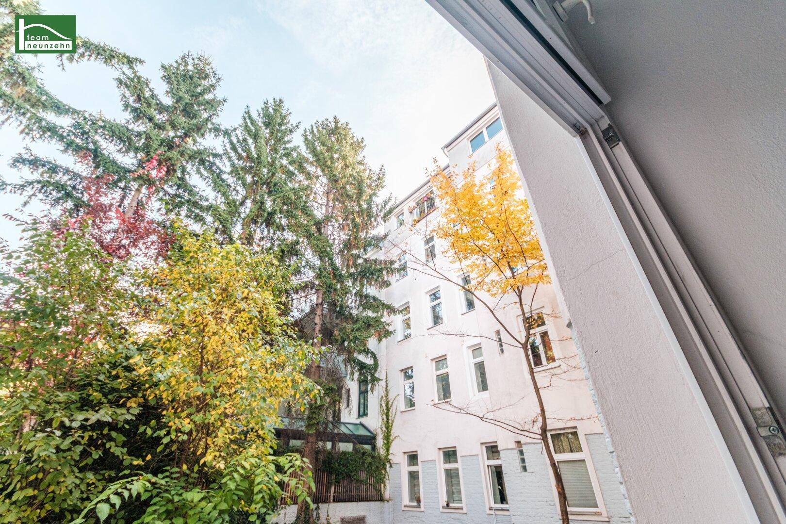 Blick aus dem Fenster auf einen begrünten Innenhof mit Bäumen und einem angrenzenden Gebäude.