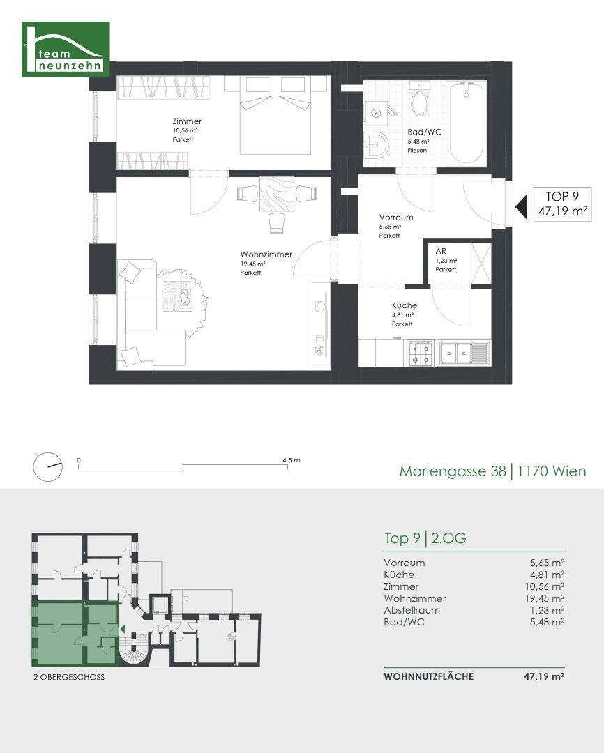 Detaillierter Grundriss einer Wohnung mit 47,19 m² Wohnfläche und klarer Raumaufteilung.