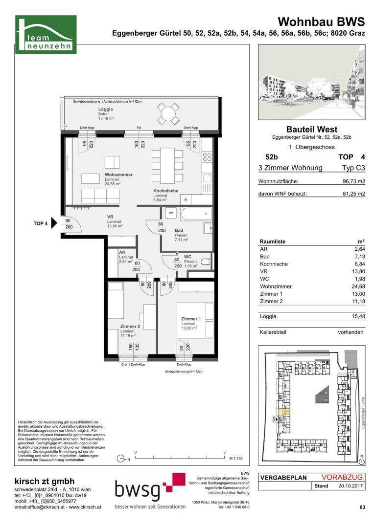 Grundriss einer 3-Zimmer-Wohnung mit Loggia, separatem WC und einer Wohnnutzfläche von 96,73 m².