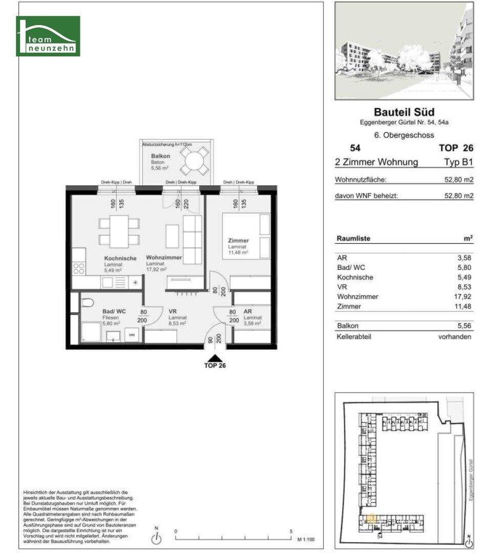 Grundriss einer 2-Zimmer-Wohnung im 6. Obergeschoss mit offenem Wohnbereich und Balkon.