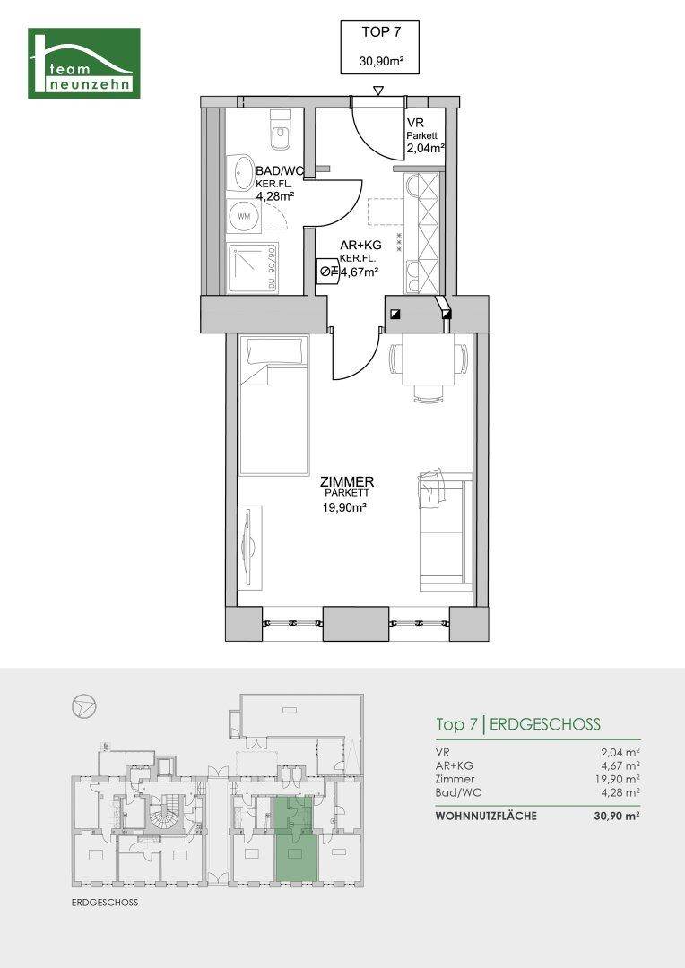 Grundriss der Wohneinheit TOP 7 mit 30,90 m² Wohnfläche, inklusive Zimmer und Bad.