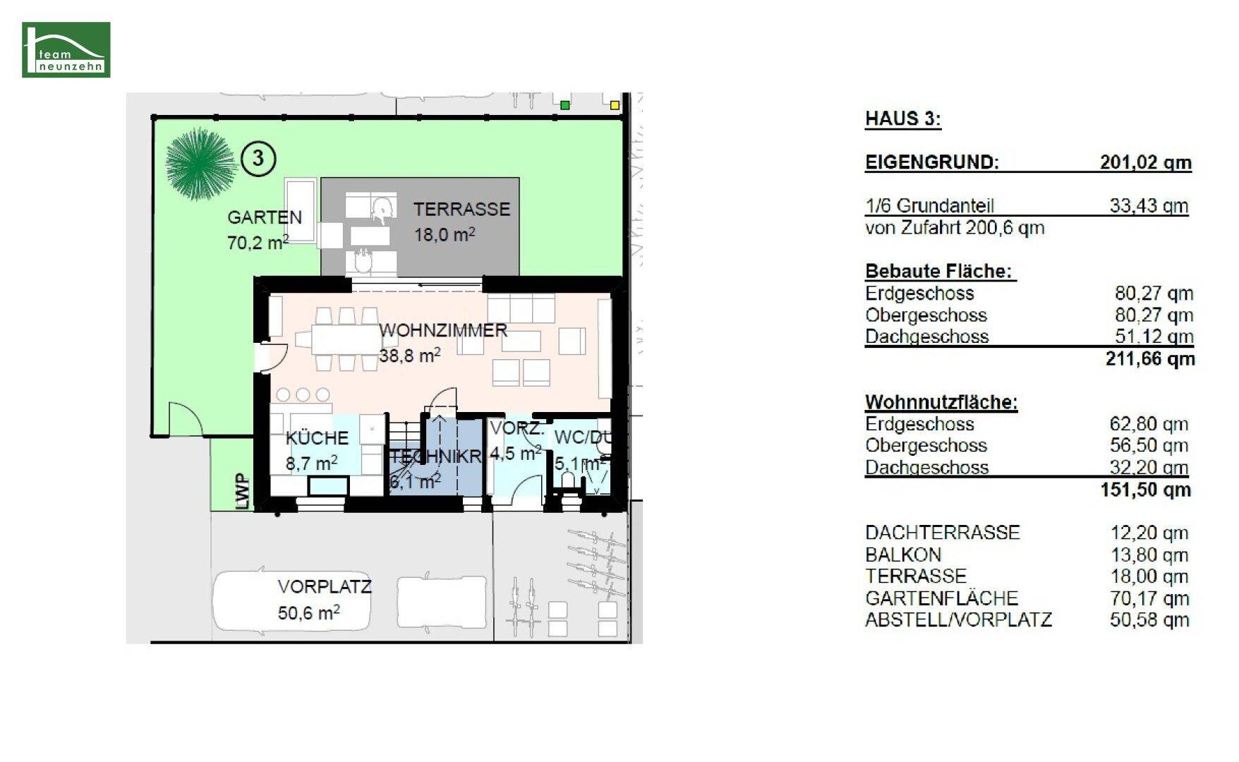 Grundriss des Erdgeschosses mit offenem Wohnbereich, Küche, Terrasse und Garten.