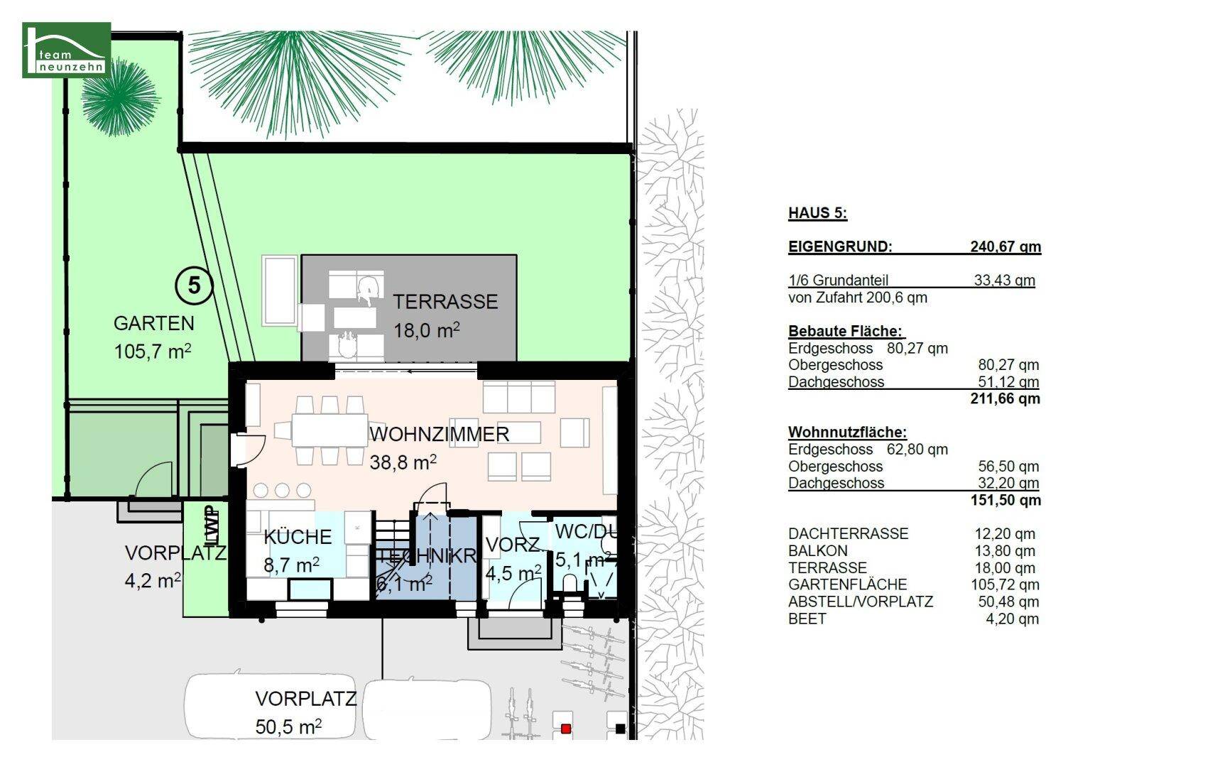 Grundriss des Erdgeschosses mit offenem Wohnbereich, Küche, Terrasse und Garten.