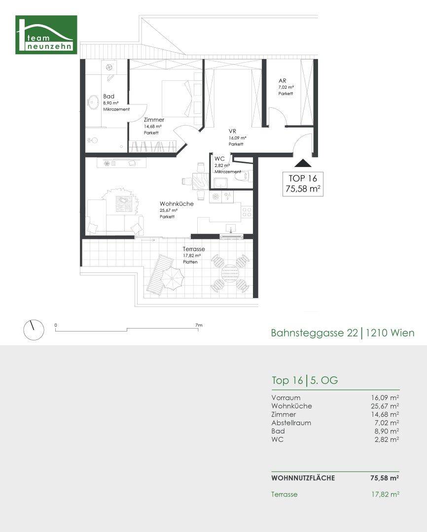 Grundriss der Wohnung Top 16 mit 75,58 m² Wohnnutzfläche und großer Terrasse.