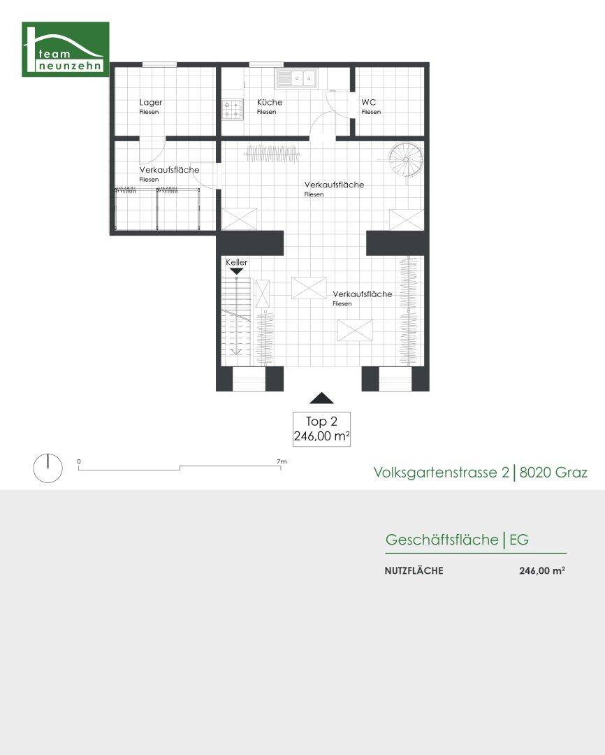 Grundrissplan einer Gewerbefläche im Erdgeschoss mit Verkaufsbereichen, Lager, kleiner Küche und WC.