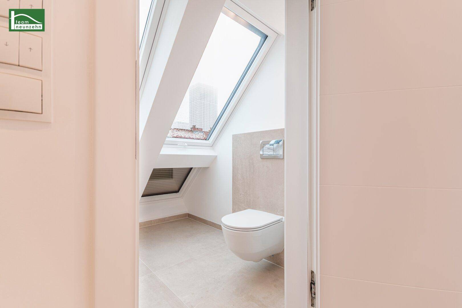 Helles Gäste-WC mit Wand-WC und Dachfenster, das viel Tageslicht in den Raum bringt.