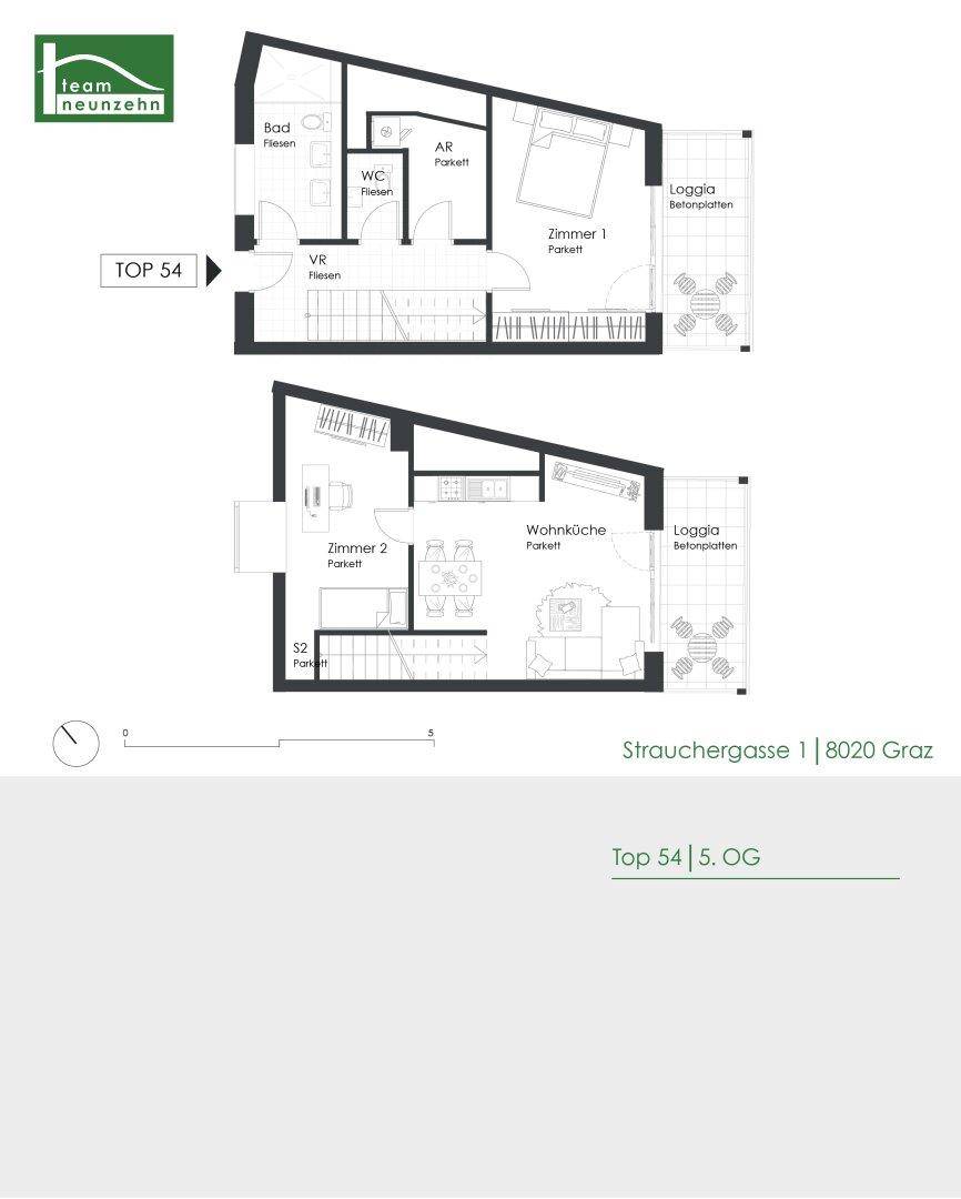 Grundriss einer Maisonette-Wohnung mit zwei Ebenen, Loggia und separatem WC.
