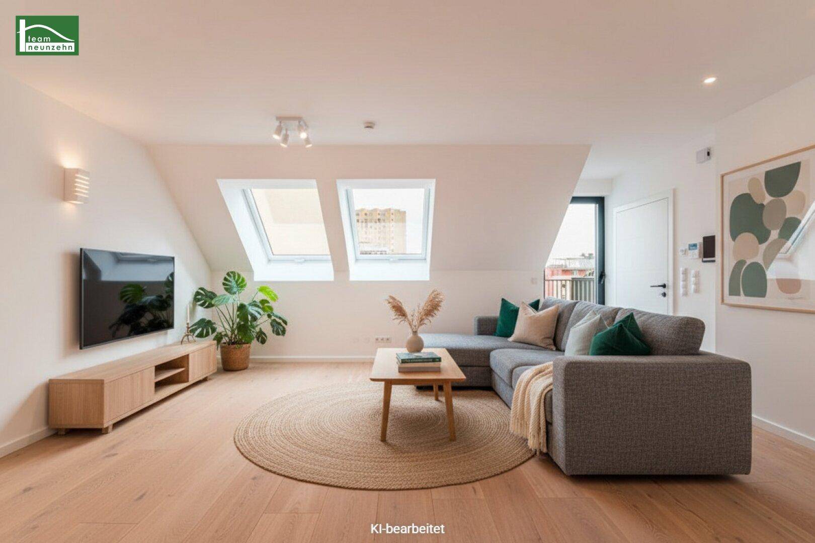 Helles Wohnzimmer im Dachgeschoss mit gemütlichem Sofa, Holzboden und großen Dachfenstern.