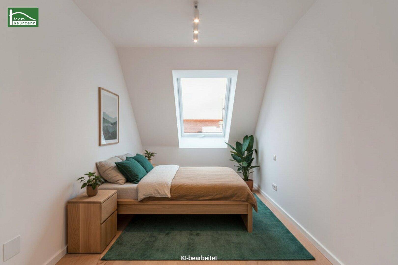 Modernes Schlafzimmer im Dachgeschoss mit Holzbett, grünem Teppich und einem großen Dachfenster.