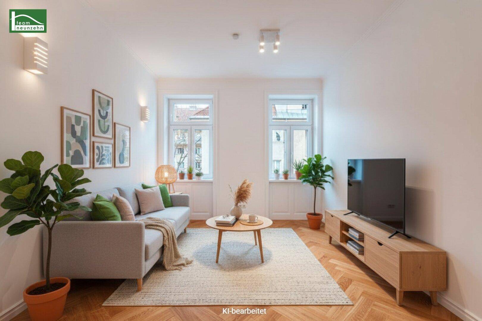 Modern eingerichtetes Wohnzimmer mit Sofa, Couchtisch und Fernseher, beleuchtet durch zwei Fenster.