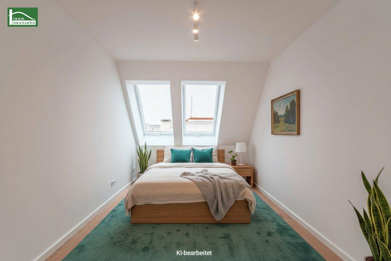 Helles Schlafzimmer im Dachgeschoss mit Holzbett, Dachfenstern und grünem Teppichboden.
