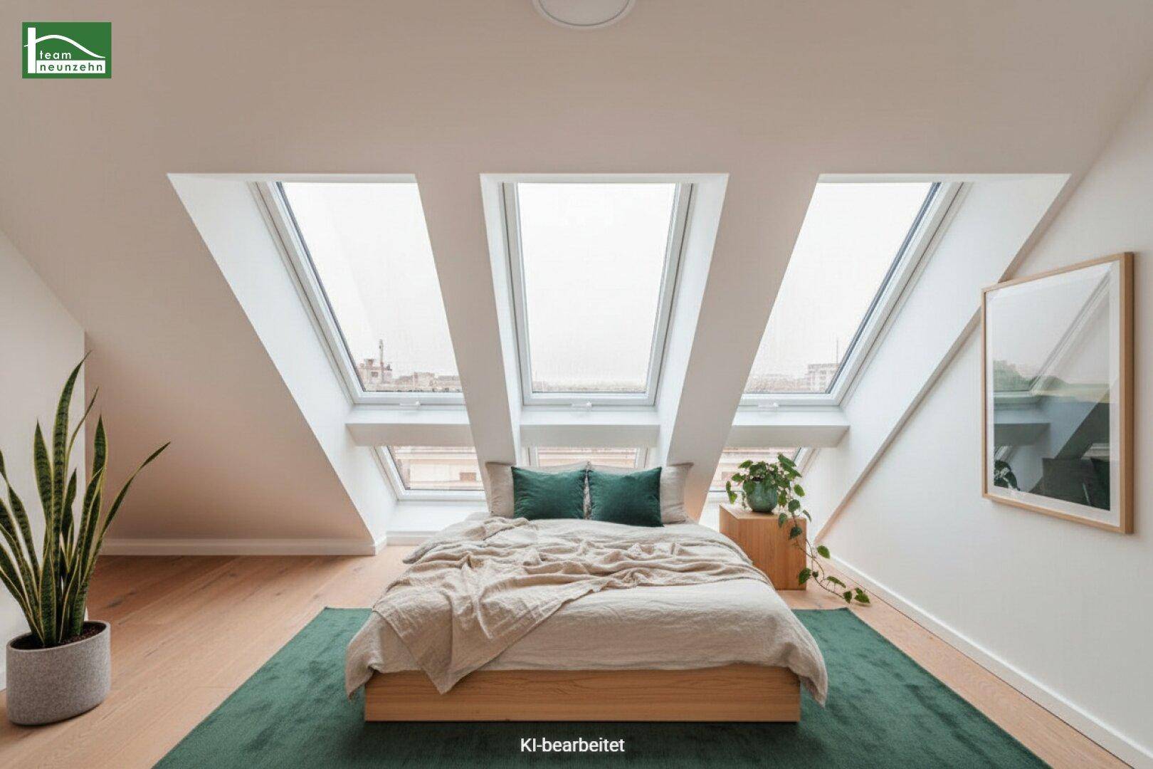Lichtdurchflutetes Schlafzimmer mit drei großen Dachfenstern, Holzboden und minimalistischer Einrichtung.