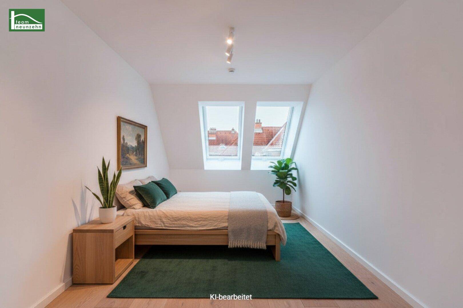 Helles Schlafzimmer im Dachgeschoss mit schrägen Wänden, Holzbett und Dachfenstern.