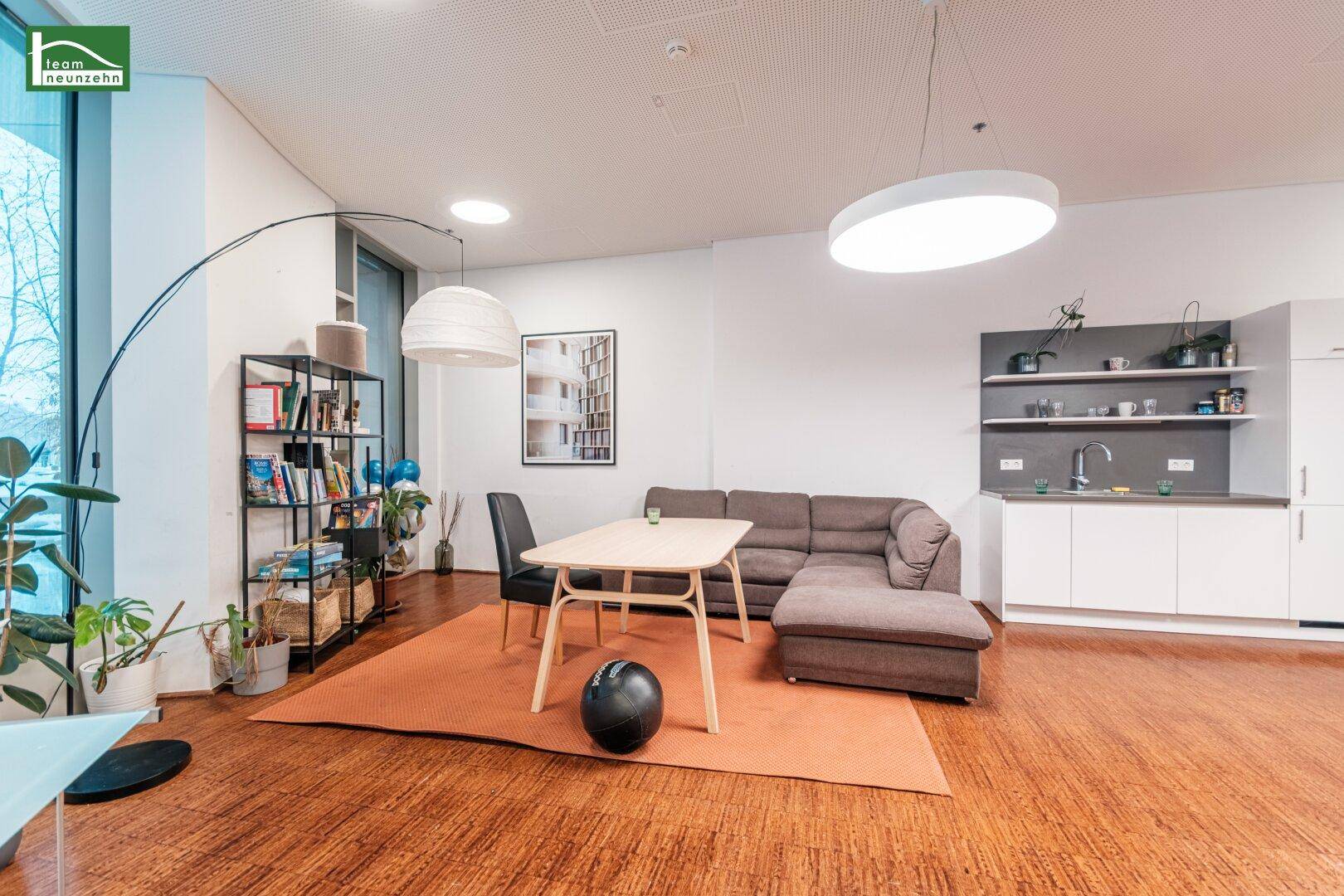 Gemütlicher Wohnbereich mit Sofa, Esstisch und integrierter Küchenzeile in modernem Design.