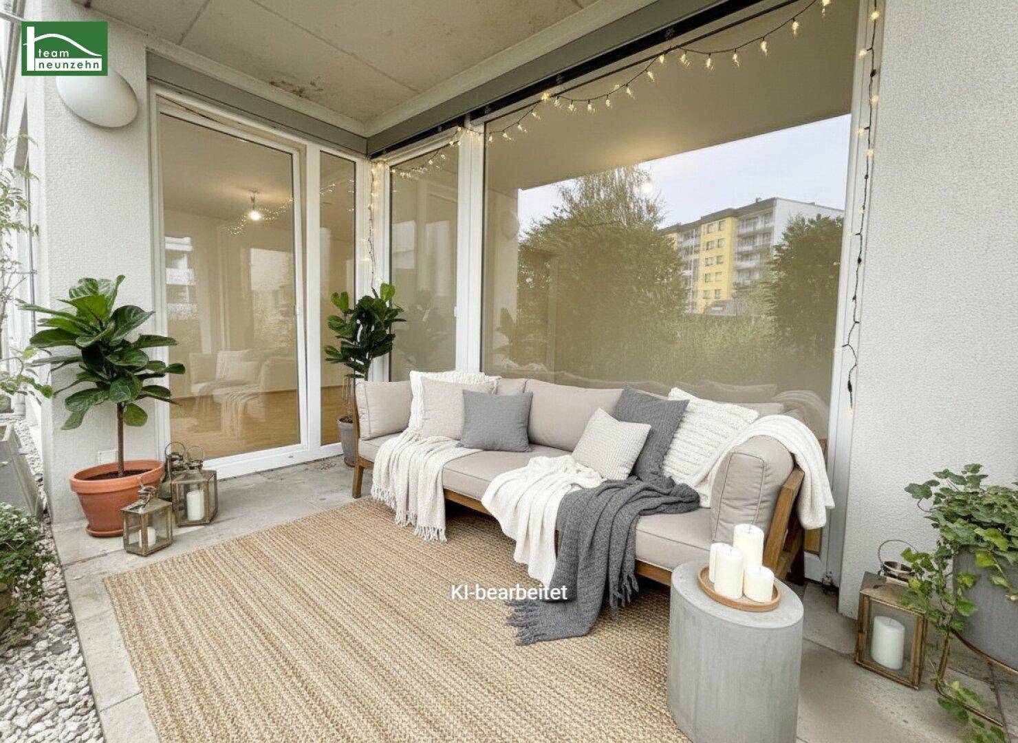 Gemütliche, möblierte Terrasse mit Sitzgelegenheiten, Pflanzen und Lichterkette für entspannte Abende.