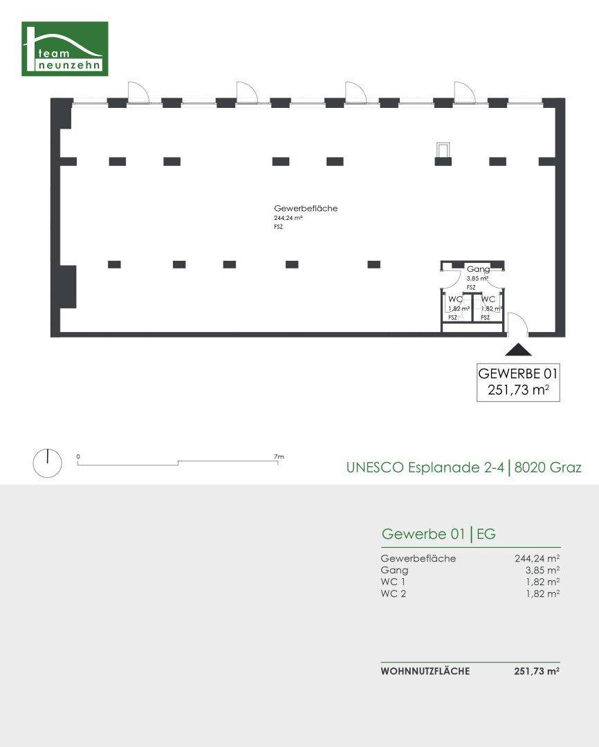Grundriss einer Gewerbefläche im Erdgeschoss mit zwei Toiletten und einer Gesamtfläche von 251,73 m².