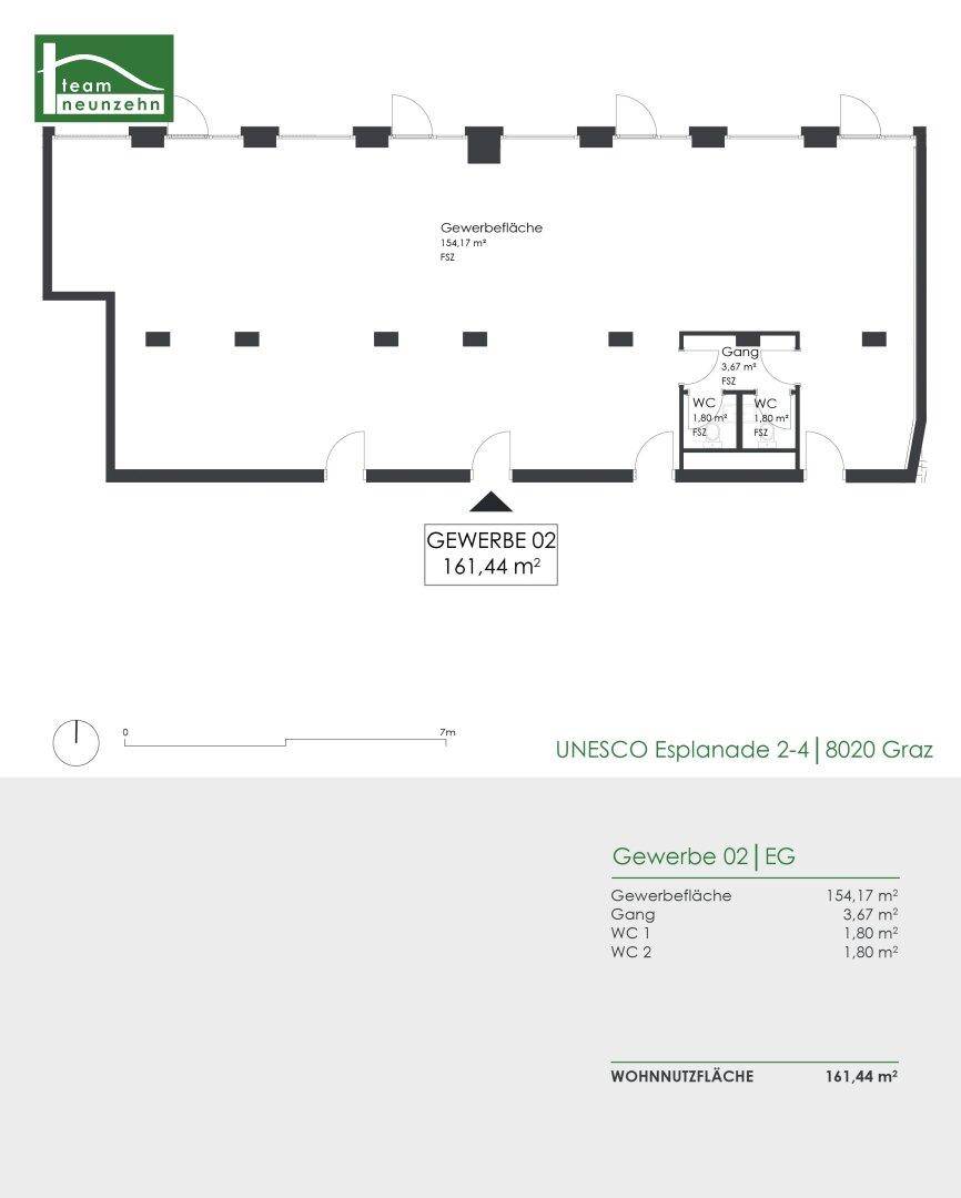 Grundriss für eine Gewerbefläche von 161,44 m² mit zwei Toiletten.