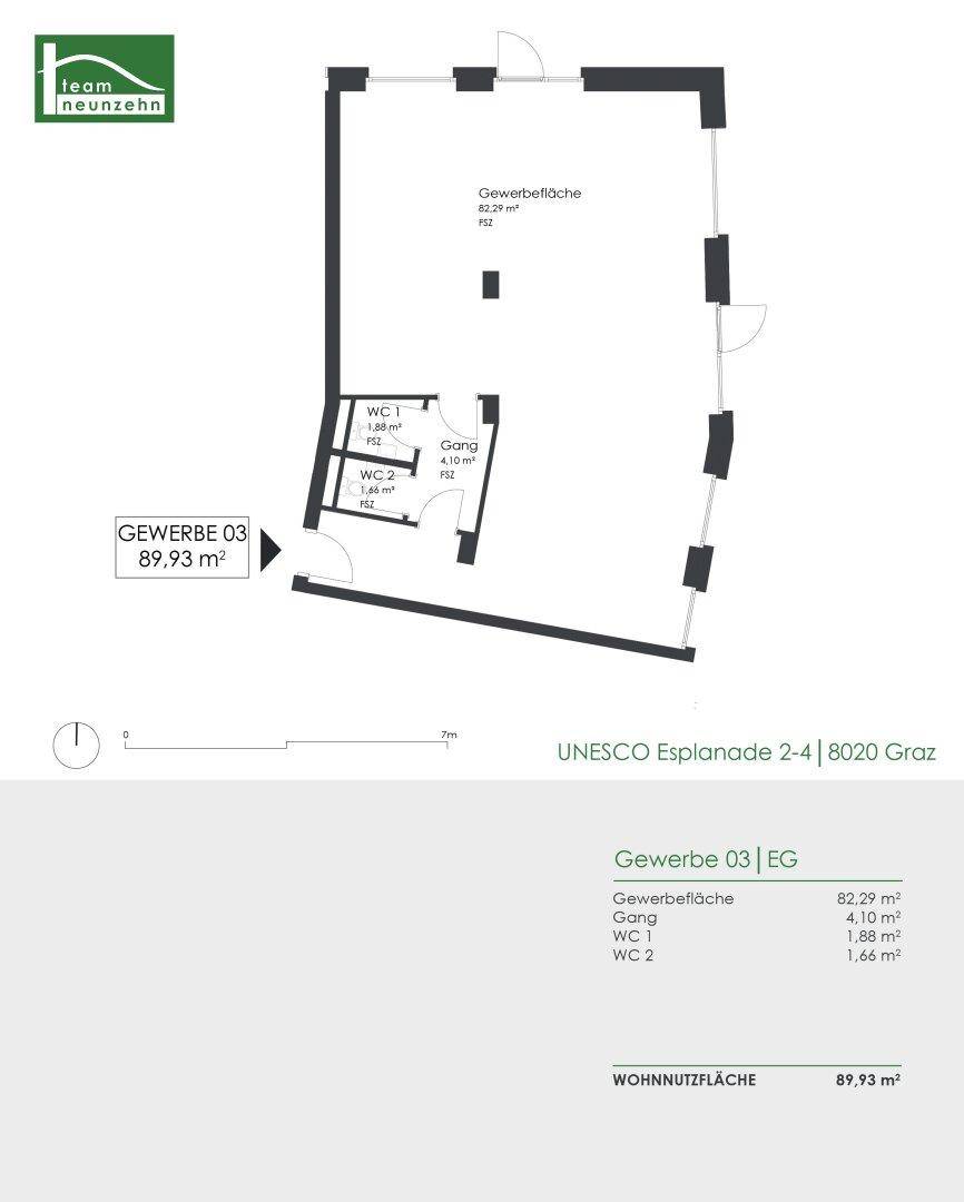 Grundriss einer Gewerbefläche von 89,93 m² mit zwei WCs und einem Flur.