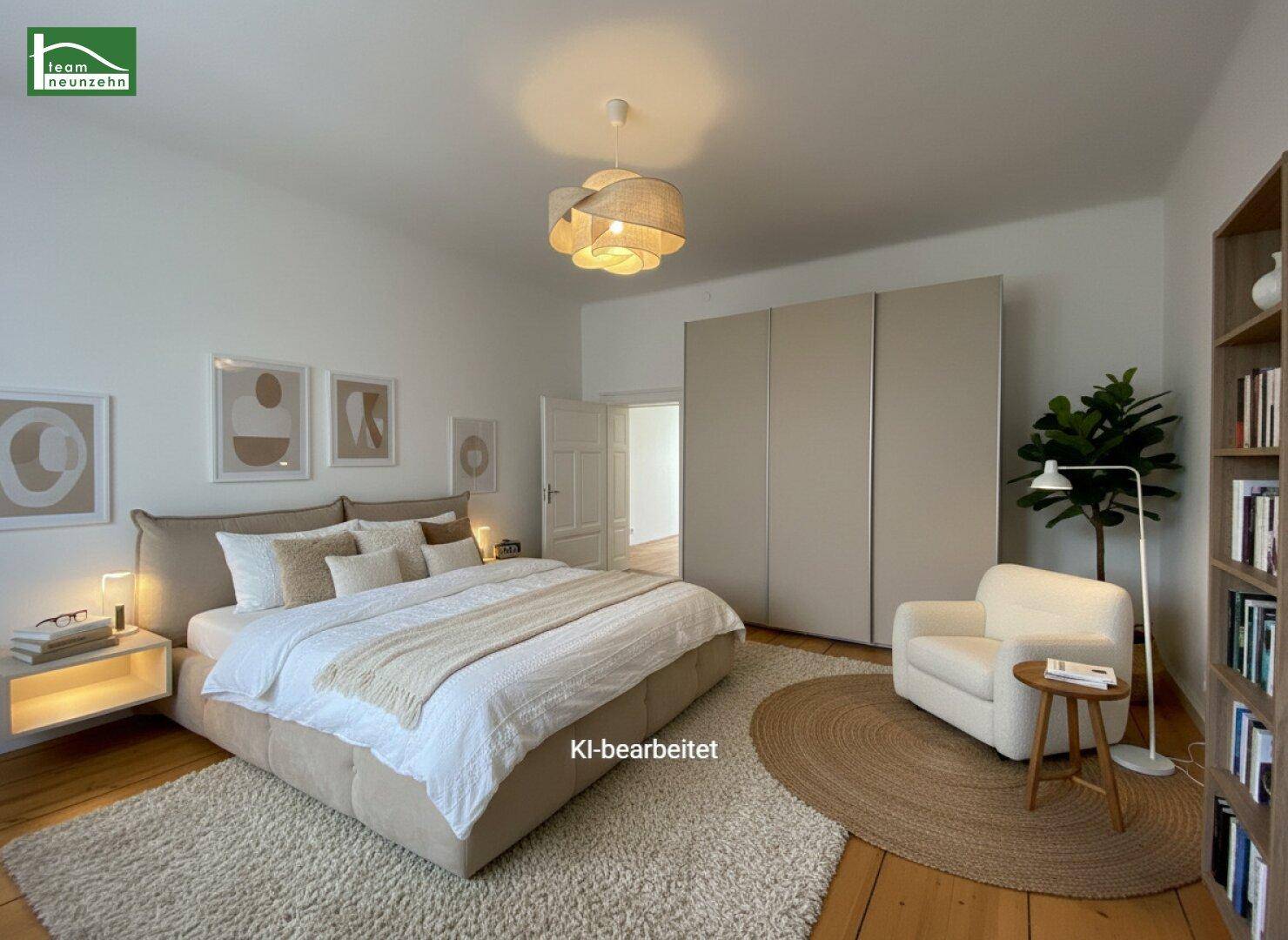 KI-bearbeitetes Schlafzimmer mit Holzdielenboden, großem Bett, Kleiderschrank und gemütlicher Einrichtung.
