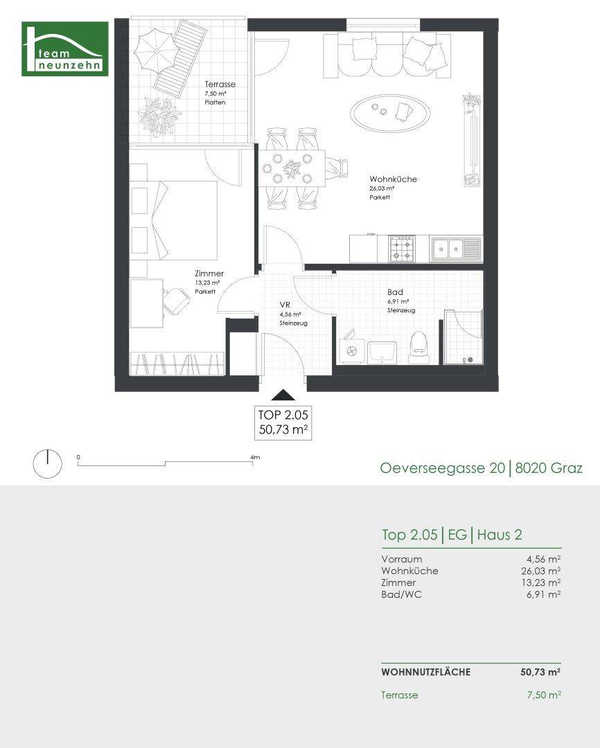 Grundriss einer 50,73 m² Wohnung mit Wohnküche, Schlafzimmer und Terrasse.