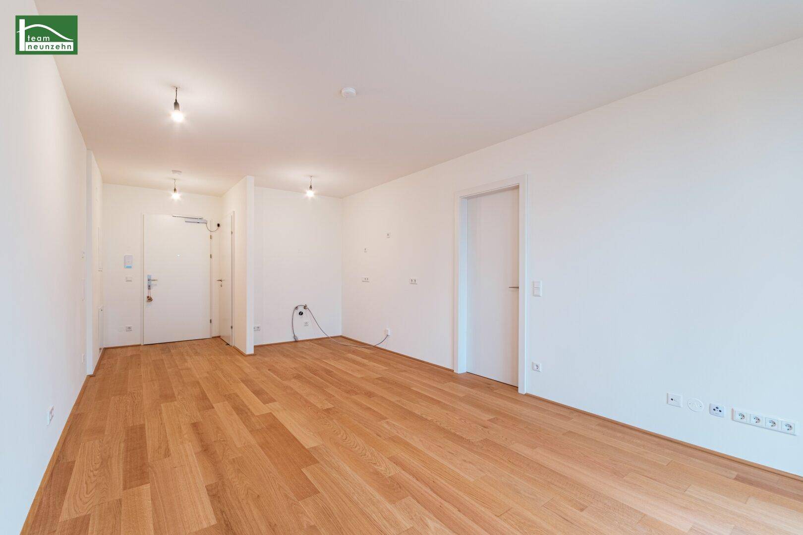 Geräumiger, heller Eingangsbereich mit Parkettboden und weißen Wänden, ideal für eine moderne Einrichtung.