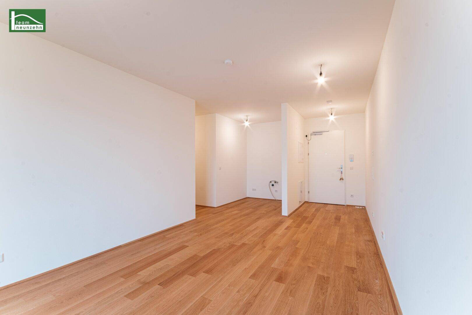 Geräumiger, leerer Eingangsbereich mit hellem Holzboden und weiß gestrichenen Wänden, inklusive Eingangstür.