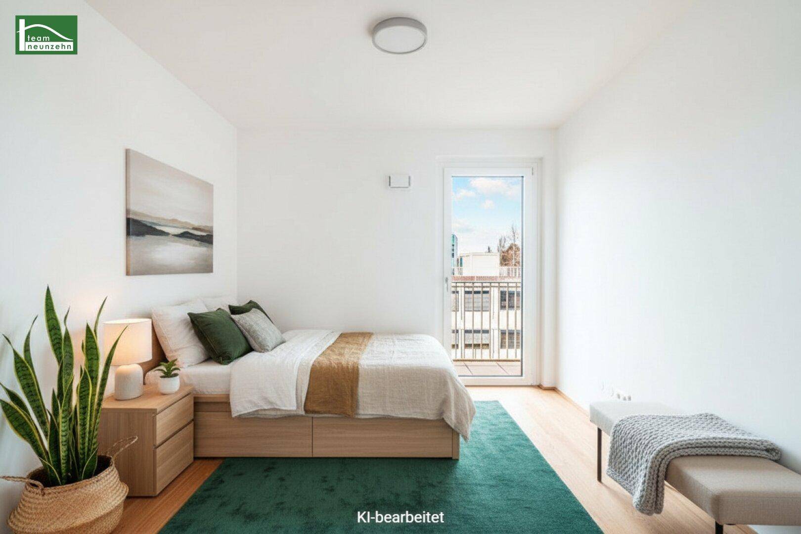 Modern eingerichtetes Schlafzimmer mit Doppelbett, Teppich und Zugang zum Balkon.