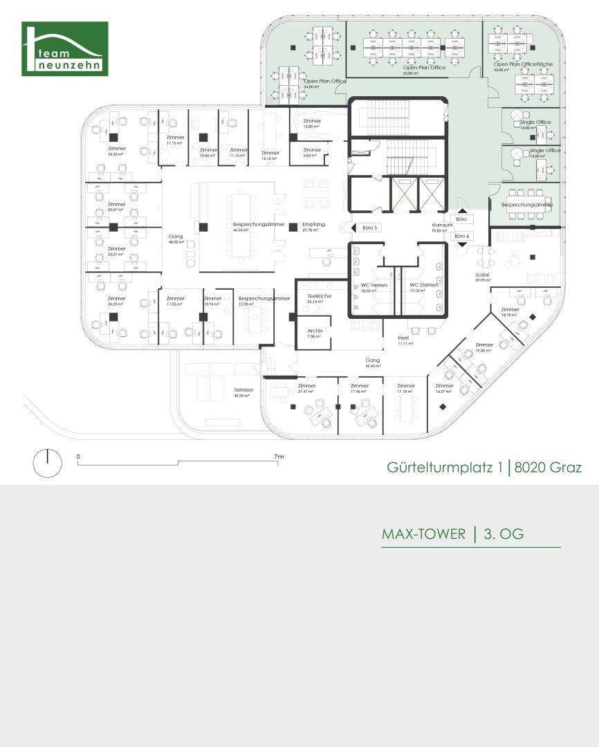 Detaillierter Grundriss der Bürofläche im 3. Obergeschoss mit verschiedenen Raumaufteilungen.