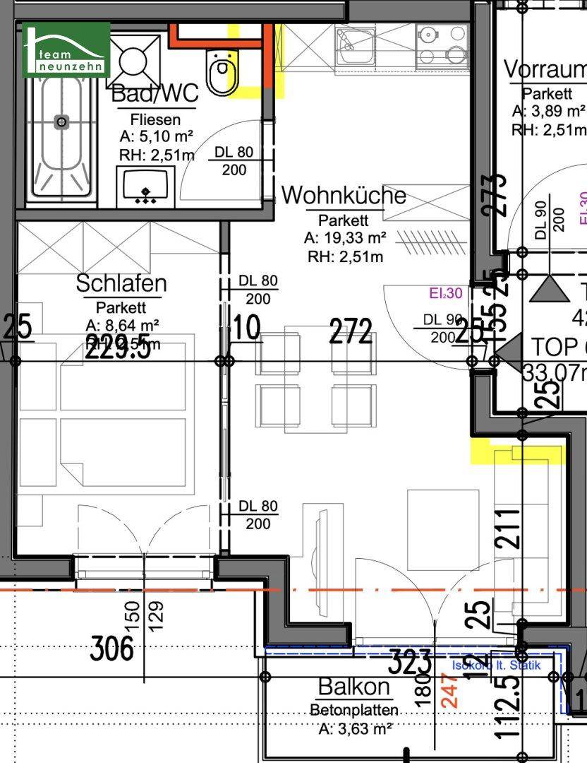 Detaillierter Grundriss einer Wohnung mit Wohnküche, Schlafzimmer, Bad und Balkon.